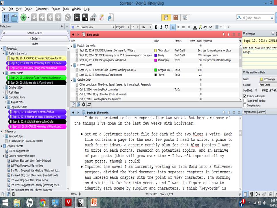 A screen shot of my Scrivener file for this blog