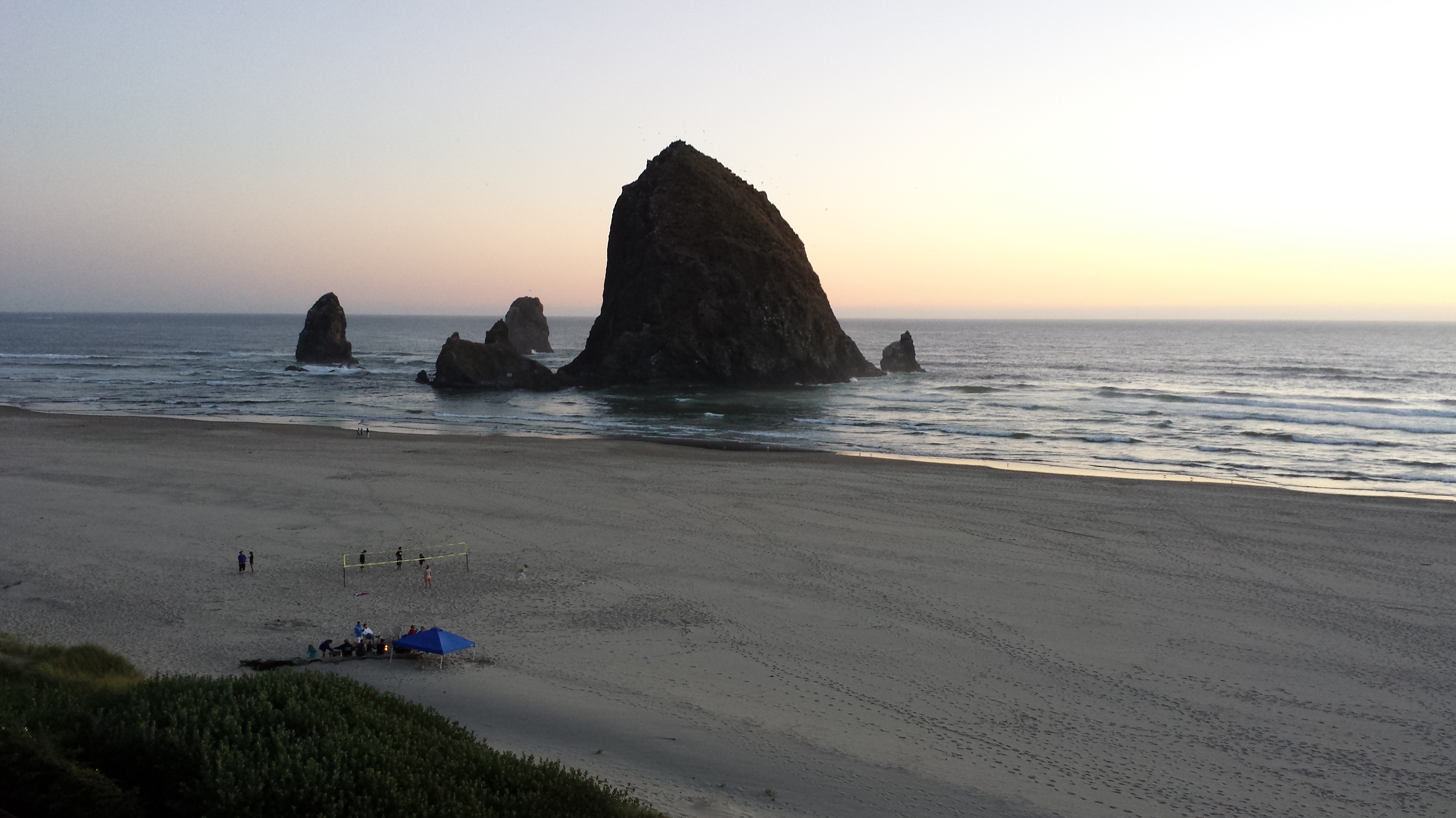 Haystack Rock, Cannon Beach, OR, from our hotel room in the evening