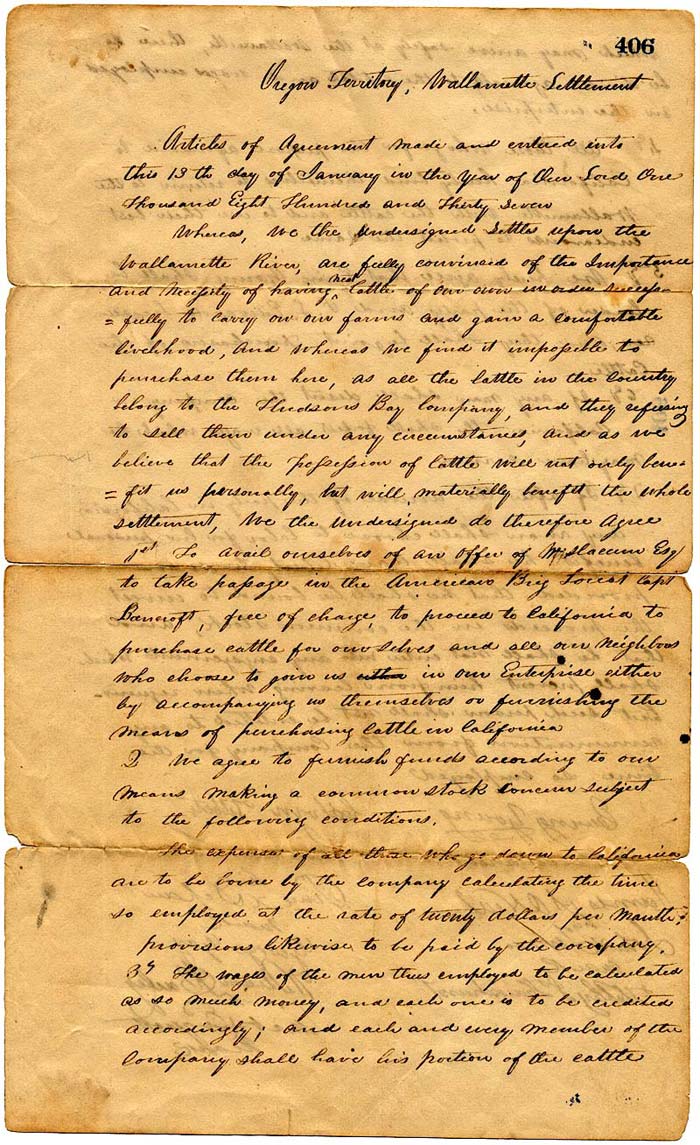 Oldest legal document in Oregon -- for the purchase of cattle in 1837. The purchaser later died, but there were no laws to determine who got his property.